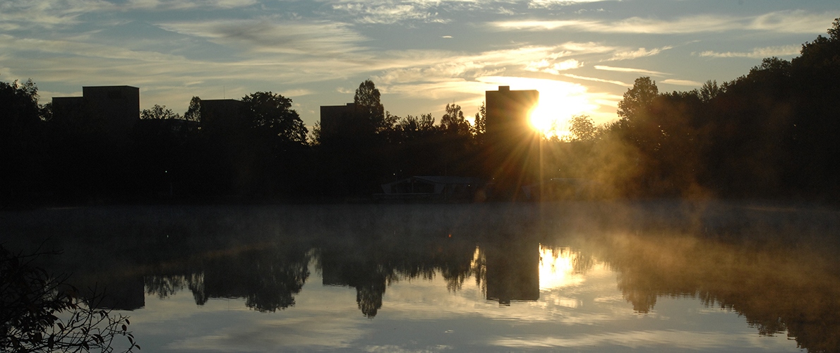 Sunset over campus lake
